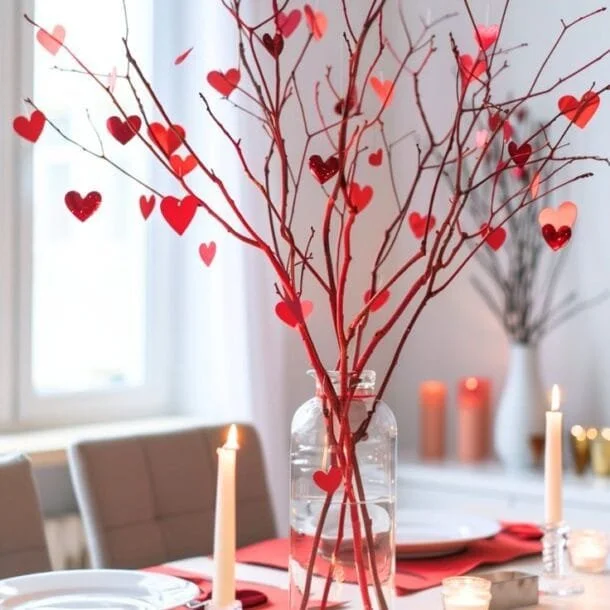 A decorative centerpiece featuring branches with red hearts in a glass vase on a dining table.